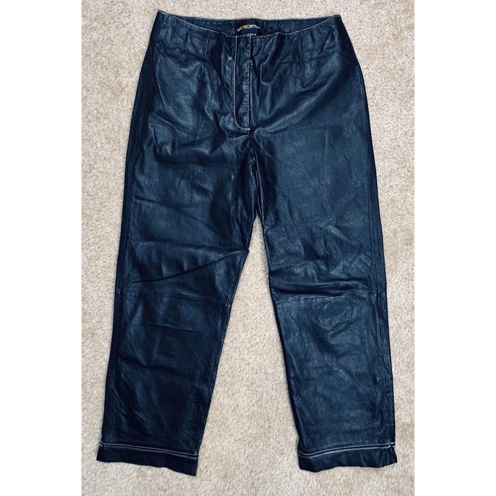 Metrostyle Black Leather Pants Straight Leg Size 8 Zip Cuff Detail Back Pockets